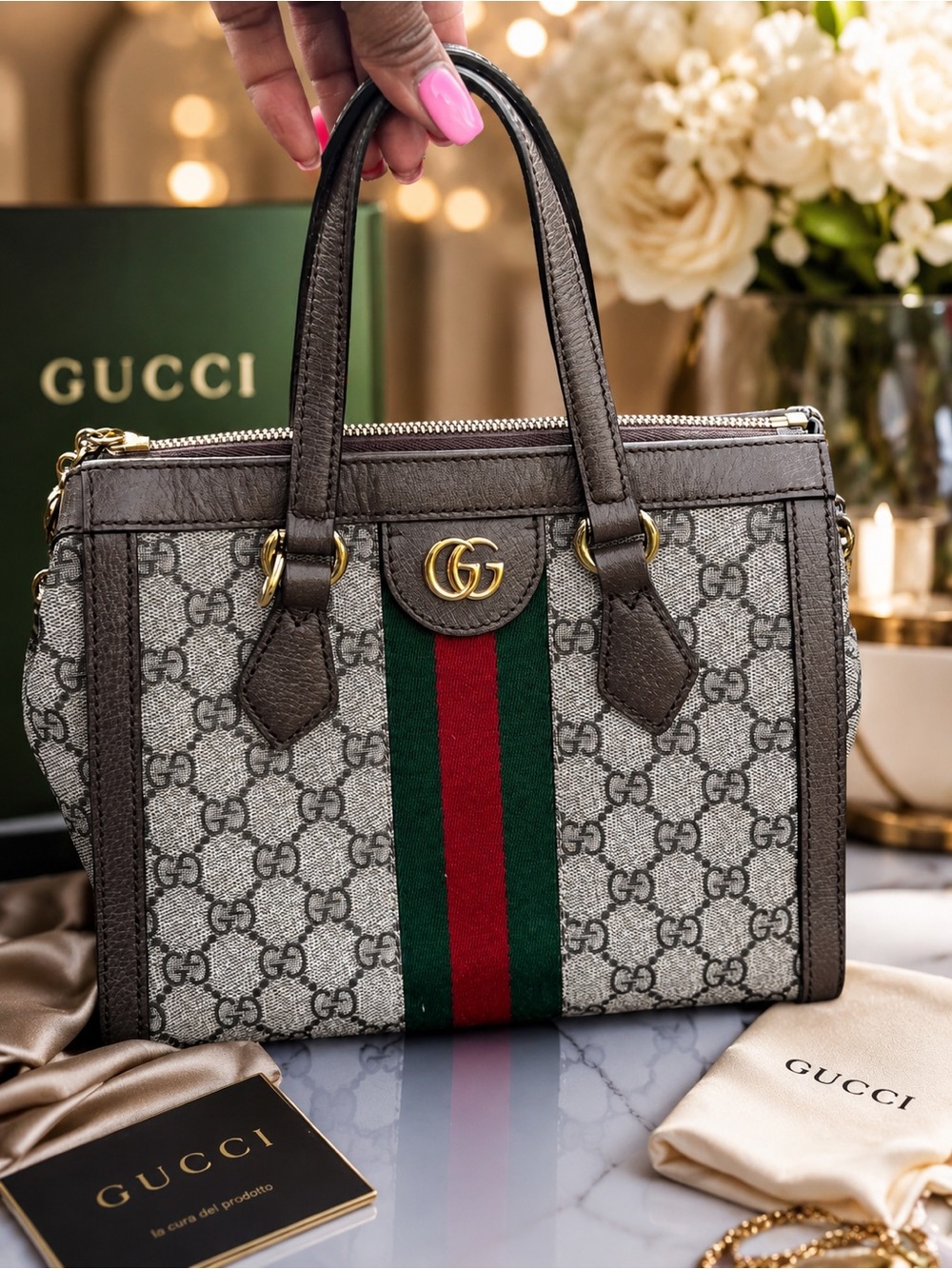 Gucci Ophidia GG Supreme Small Top Handle Tote Crossbody Bag Brown